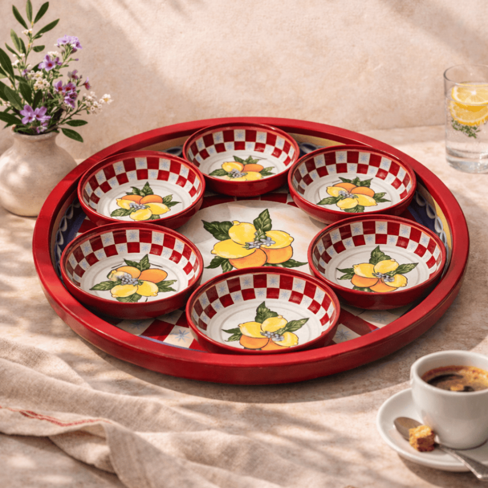 Sarkap Home Lemon Desing 34 cm Tepsi ve 10x3,2 cm 6'lı Çerezlik Seti LemonDesignTuruncu