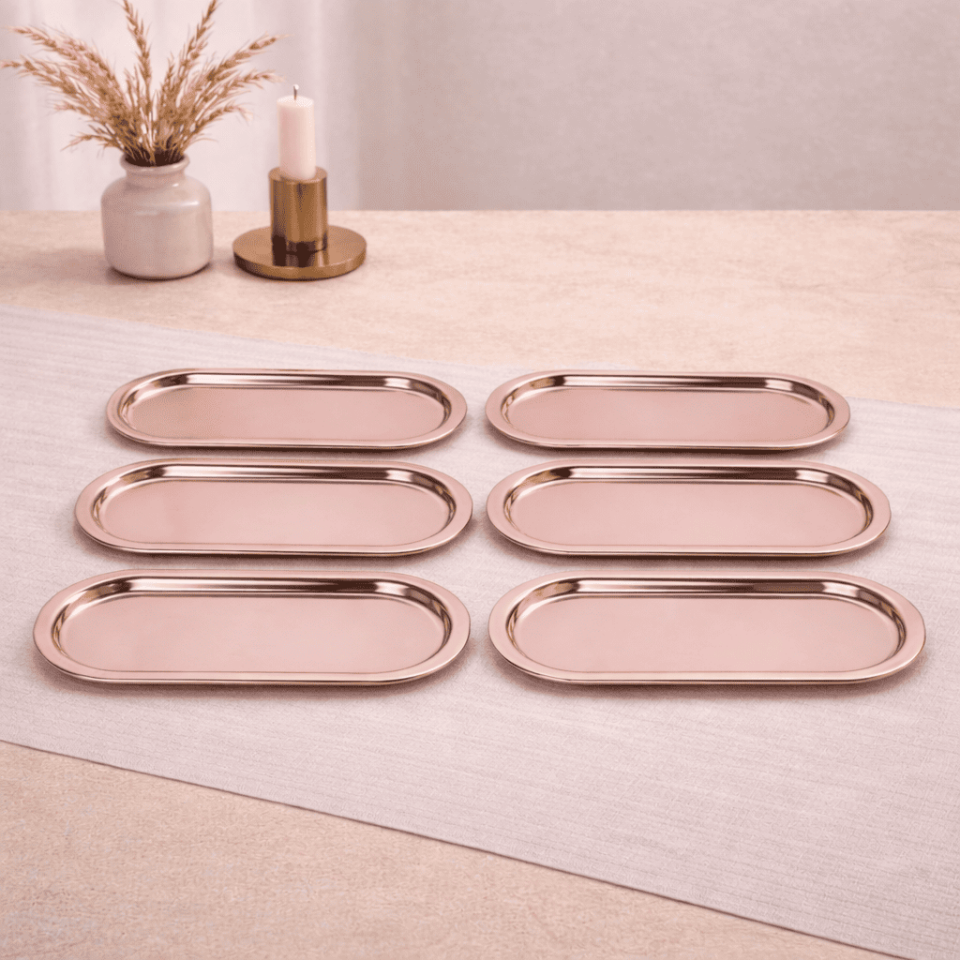 Sarkap Home 16x35 cm 6'lı Oval Sunumluk Metal Servis Tepsisi AçıkBronz