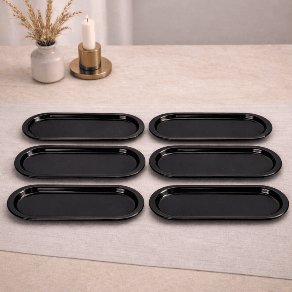 Sarkap Home 16x35 cm 6'lı Oval Sunumluk Metal Servis Tepsisi Parlak Siyah