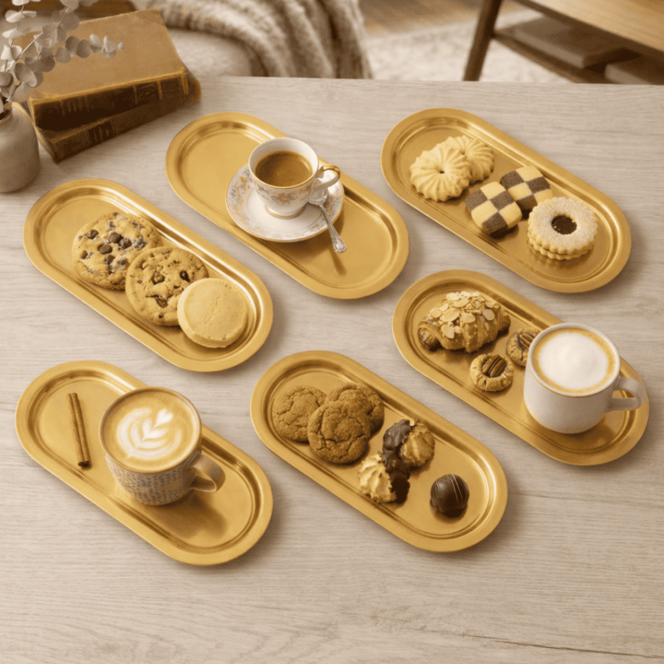 Sarkap Home 16x35 cm 6'lı Oval Sunumluk Metal Servis Tepsisi Gold