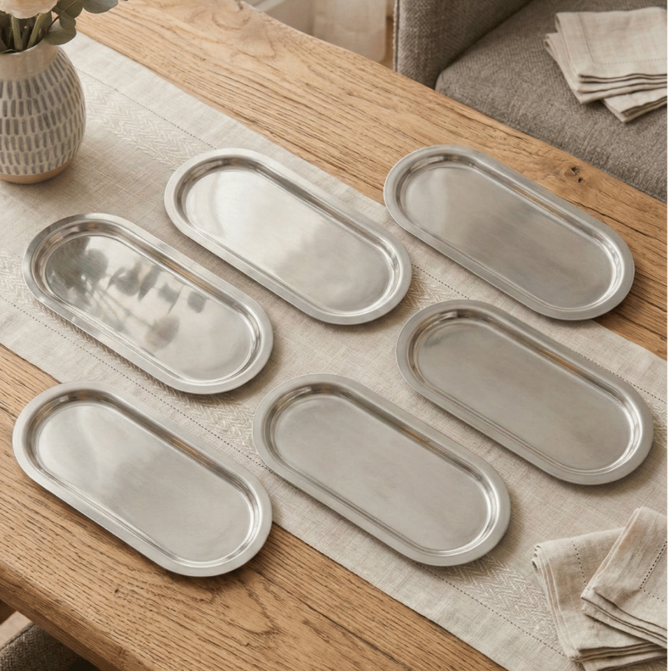 Sarkap Home 16x35 cm 6'lı Oval Sunumluk Metal Servis Tepsisi Silver