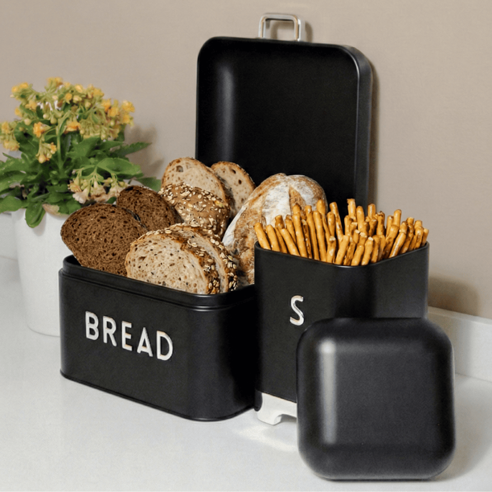 Sarkap Home Galvaniz Biscuits 5,6 L Küçük Boy Ekmeklik - 2 L Storage Kutu Set Siyah