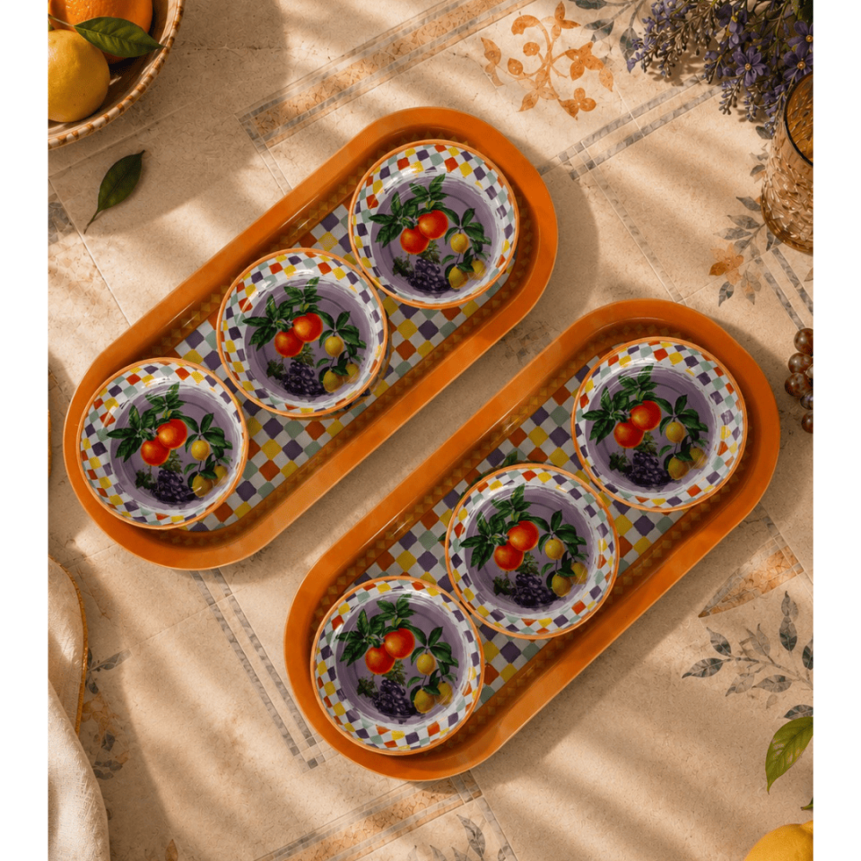 Sarkap Home 16x35 cm 2'li Oval Tepsi 10x3,2 cm 6'lı Çerezlik Seti LemonDesignTuruncu