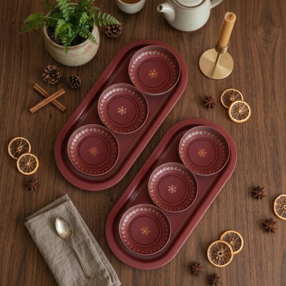 Sarkap Home 16x35 cm 2'li Oval Tepsi 10x3,2 cm 6'lı Çerezlik Seti BordoWishes