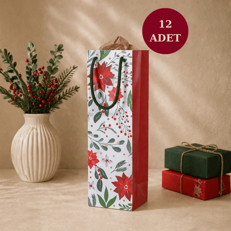 Sarkap 12'li  Kırmızı Çiçek Karton Çanta 13x36x9 cm