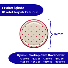 Hijyenik Paketli 10 Adet Kavanoz Kapağı Kalpli Desenler 82 mm Kırmızı Kalp Krem