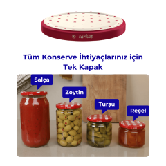 Hijyenik Paketli 10 Adet Kavanoz Kapağı Kalpli Desenler 82 mm Kırmızı Kalp Krem