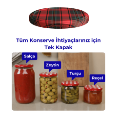 Hijyenik Paketli 10 Adet Kavanoz Kapağı Ekose Desenler 82 mm Kırmızı-Siyah