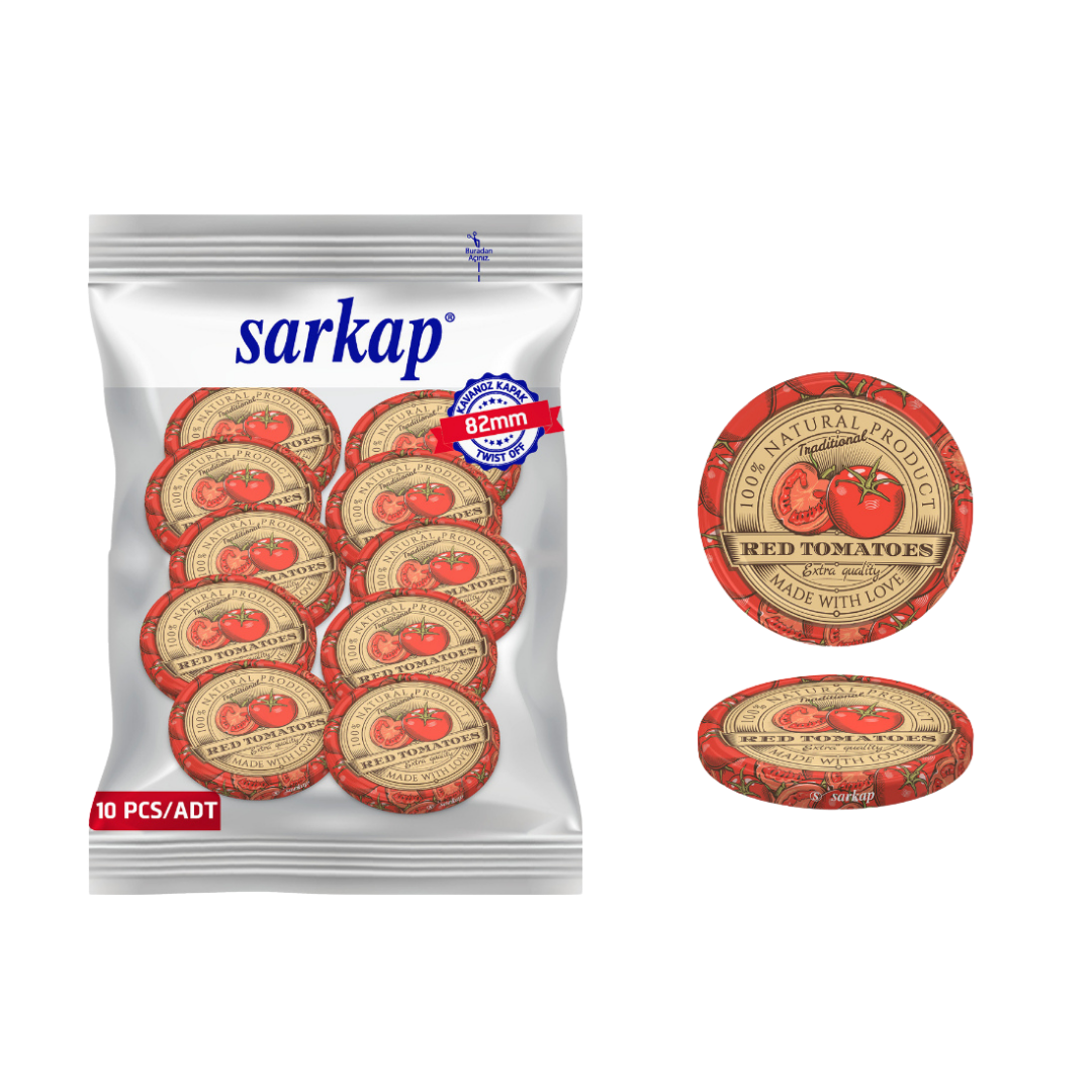 Hijyenik Paketli 10 Adet Kavanoz Kapağı Domates Desenler 82 mm Red Tomatoes