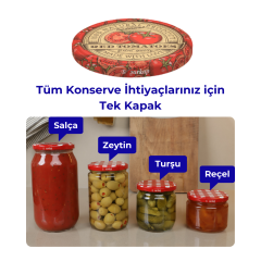 Hijyenik Paketli 10 Adet Kavanoz Kapağı Domates Desenler 82 mm Red Tomatoes
