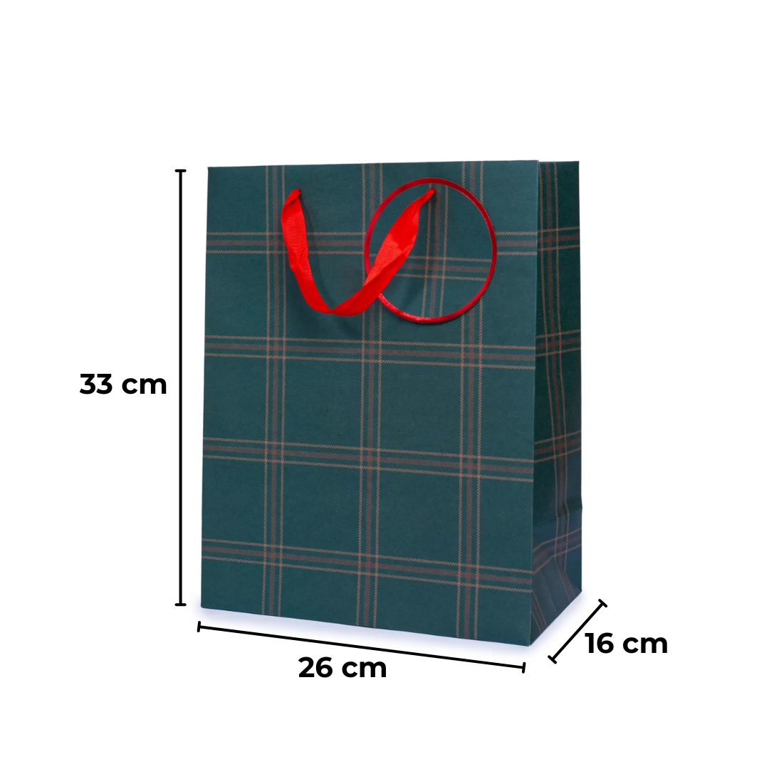 Sarkap Yeşil Ekose Desenli Hediyelik Karton Çanta 26x33x14 cm