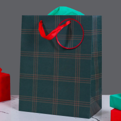 Sarkap Yeşil Ekose Desenli Hediyelik Karton Çanta 26x33x14 cm
