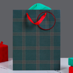 Sarkap Yeşil Ekose Desenli Hediyelik Karton Çanta 26x33x14 cm