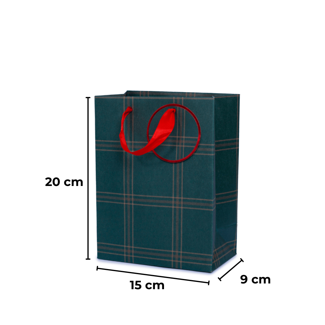 Sarkap Yeşil Ekose Desenli Hediyelik Karton Çanta 15x20x9 cm