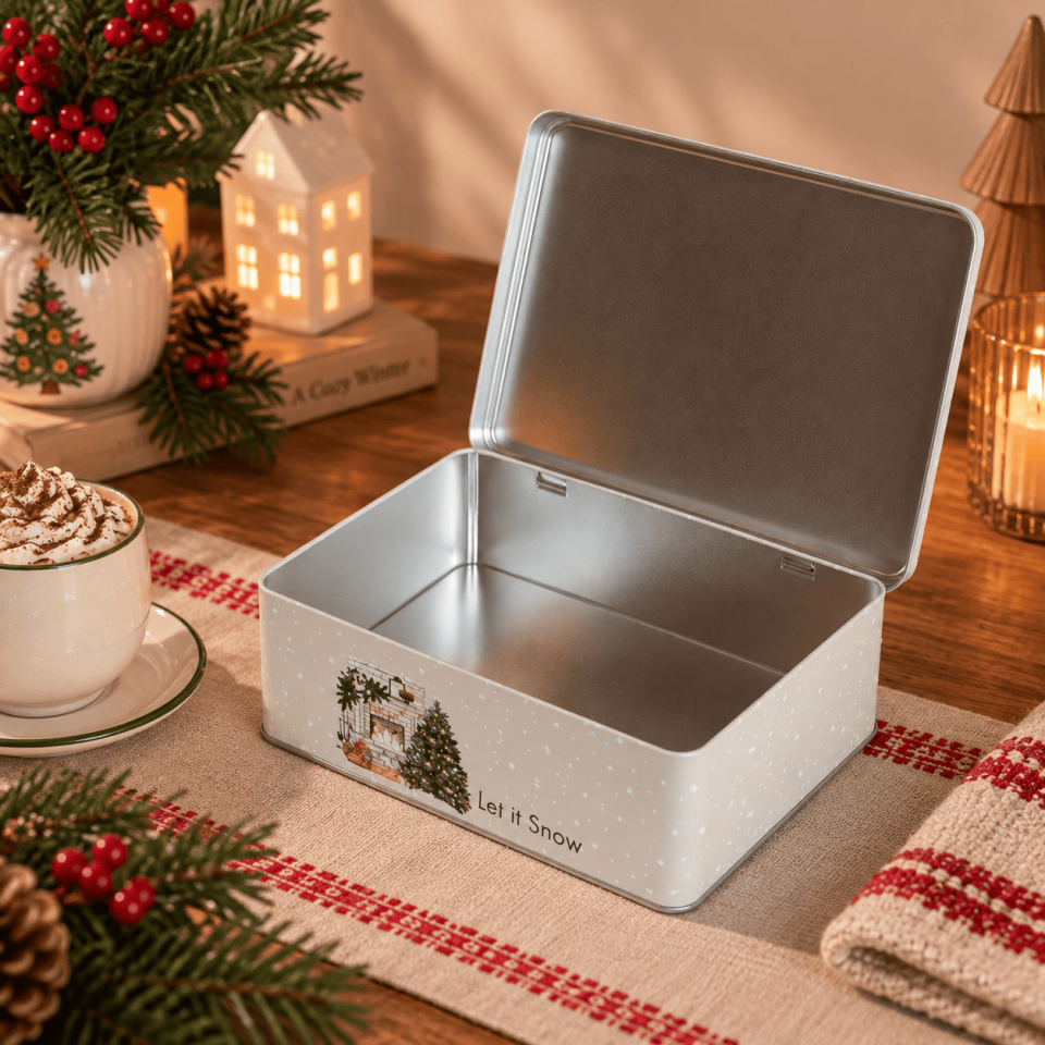 Sarkap Home 2,5 L Let It Snow Menteşeli Metal Saklama Kutusu KremAğaç