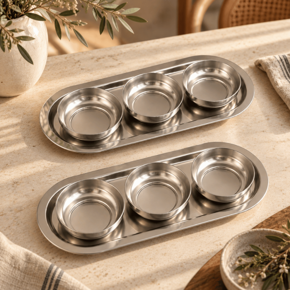 Sarkap Home 16x35 cm 2'li Oval Tepsi 10x3,2 cm 6'lı Çerezlik Seti Silver