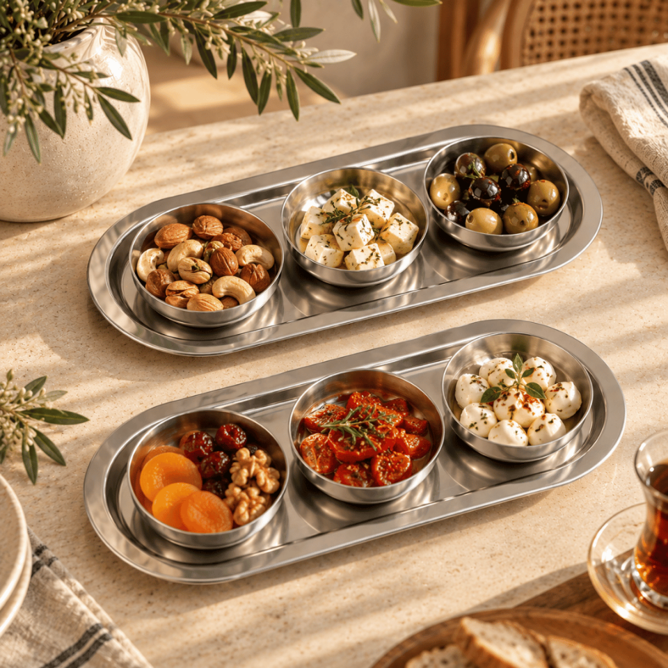 Sarkap Home 16x35 cm 2'li Oval Tepsi 10x3,2 cm 6'lı Çerezlik Seti Silver