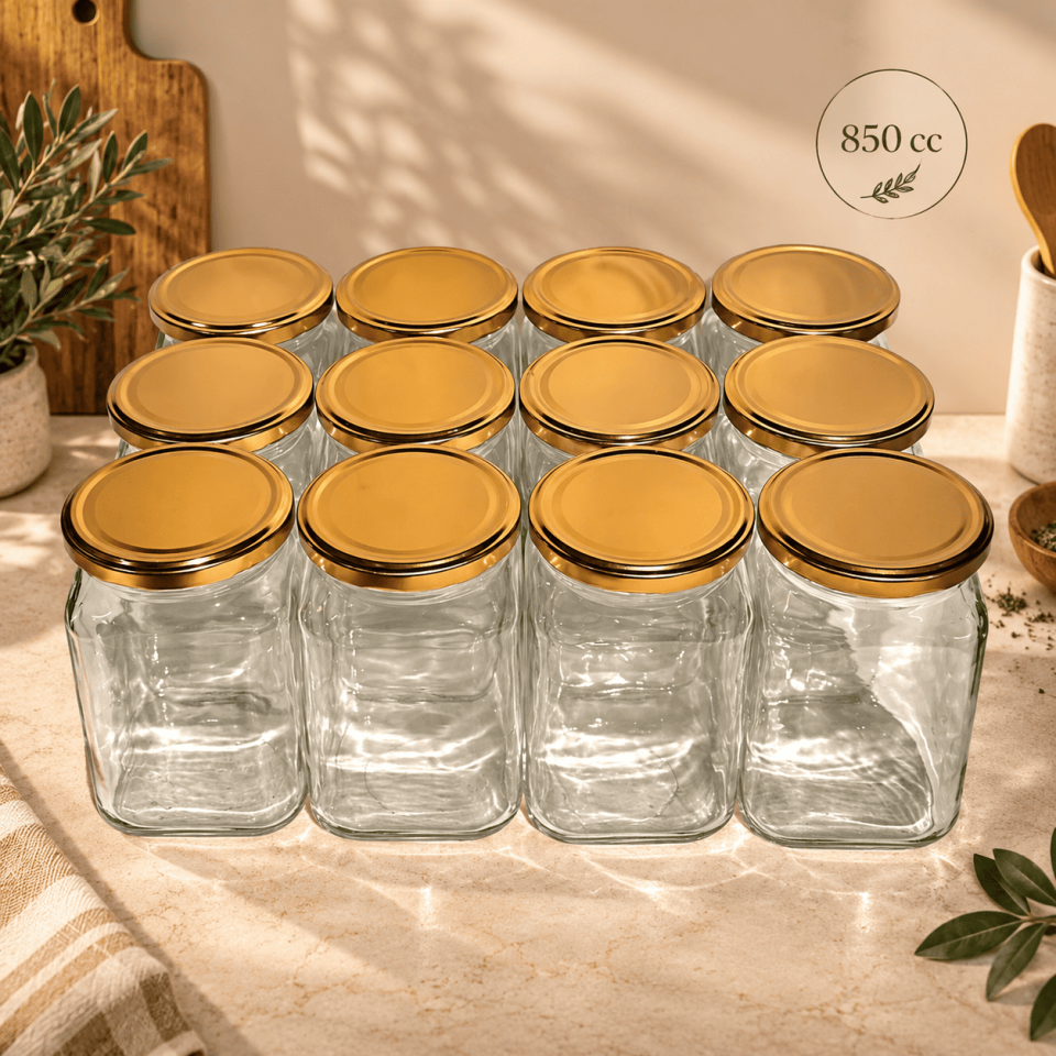Sarkap Home 12'li 850 ml Köşeli Cam Kavanoz Seti - Bronz Kapaklı