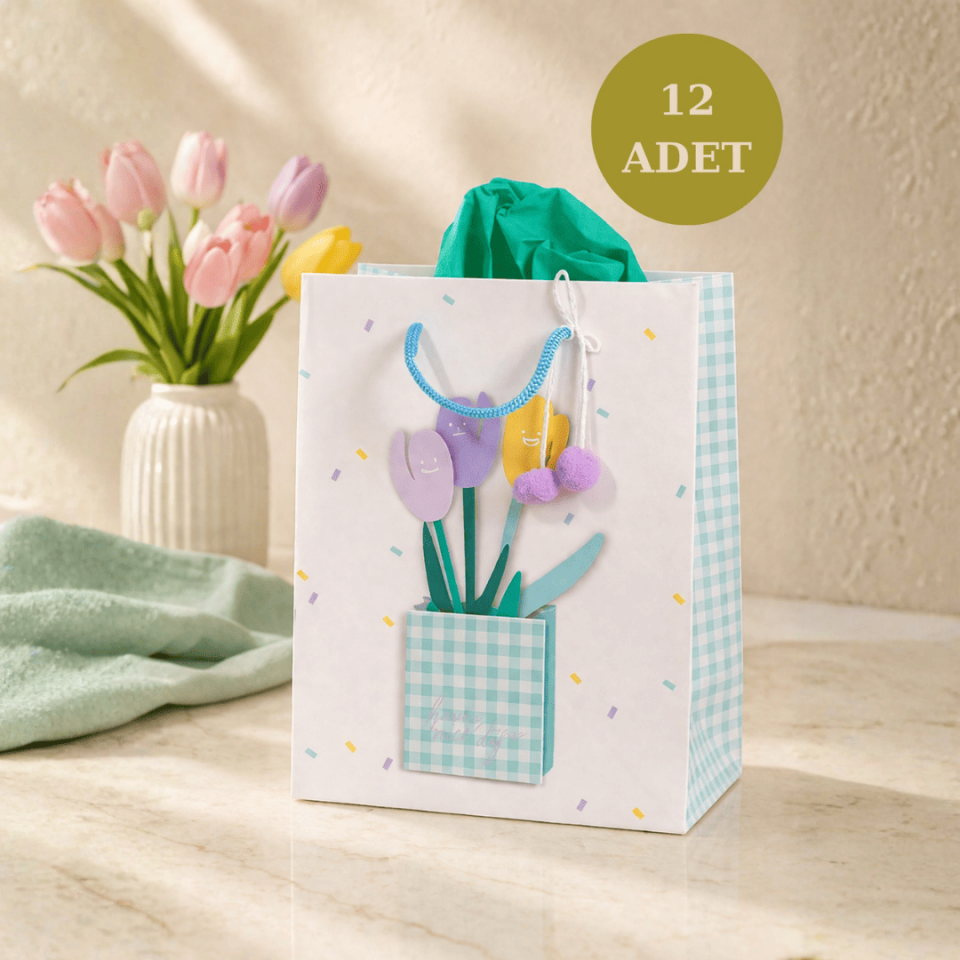 12'li 23x18x10 cm Özel Tasarım Mavi Saksı Desenli Hediyelik Karton Çanta