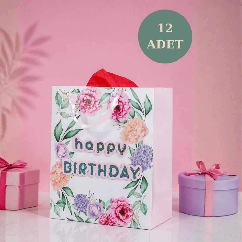 12'li 32x26x14 cm Özel Tasarım Çiçekli Happy Birthday Hediyelik Karton Çanta