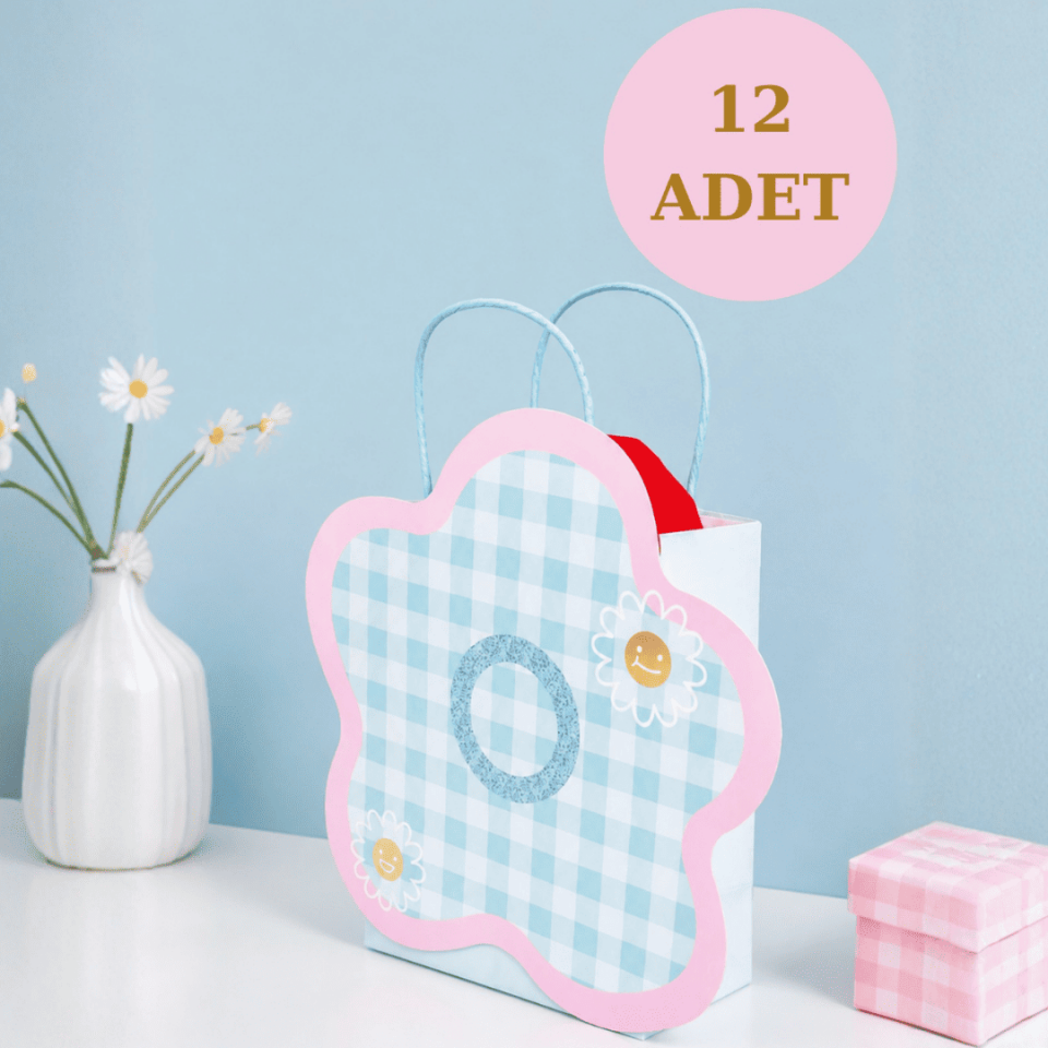 12'li 23x18x10 cm Özel Tasarım Mavi Çiçek Desenli Hediyelik Karton Çanta