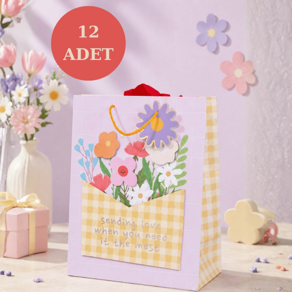 12'li 32x26x14 cm Özel Tasarım Sarı Saksı Model Hediyelik Karton Çanta