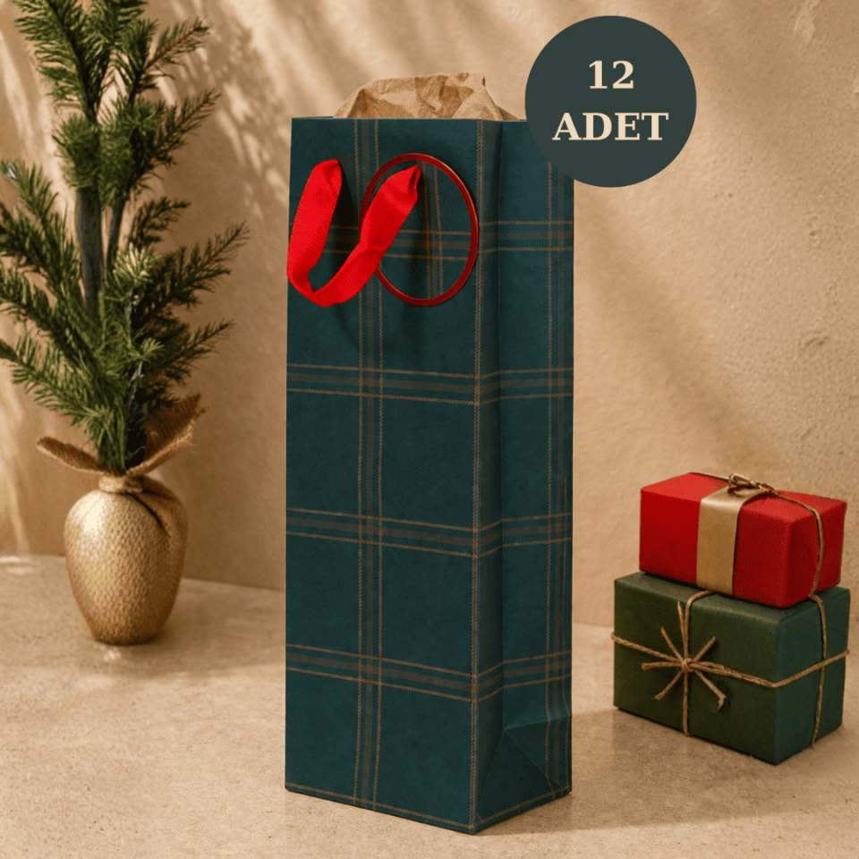 12'li 13x36x9 cm Özel Tasarım Yeşil Hediyelik Karton Çanta