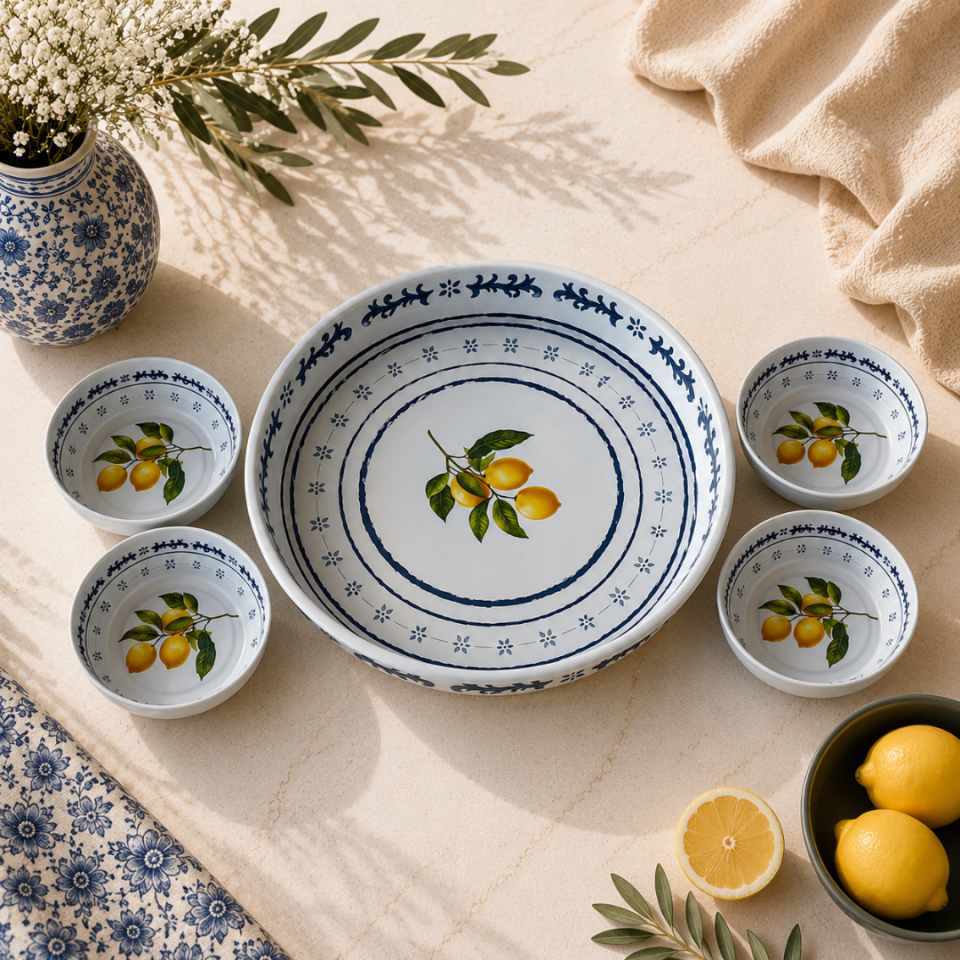 Sarkap Home 26 Cm Meyve Tabağı ve 4'lü Çerezlik Seti LemonDesignBeyaz