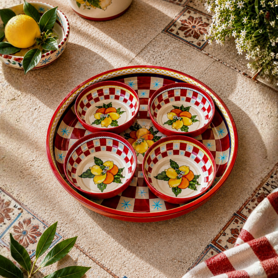 Sarkap Home 26 Cm Meyve Tabağı ve 4'lü Çerezlik Seti LemonDesignKırmızı