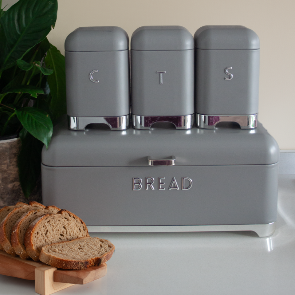 Sarkap Home Açık Gri Galvaniz Set-15,8L Büyük Boy Bread Ekmeklik & 1L 3'lü Tea Coffee Sugar Saklama Kutusu GRİ