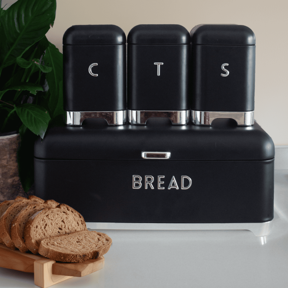Sarkap Home Açık Gri Galvaniz Set-15,8L Büyük Boy Bread Ekmeklik & 1L 3'lü Tea Coffee Sugar Saklama Kutusu Siyah