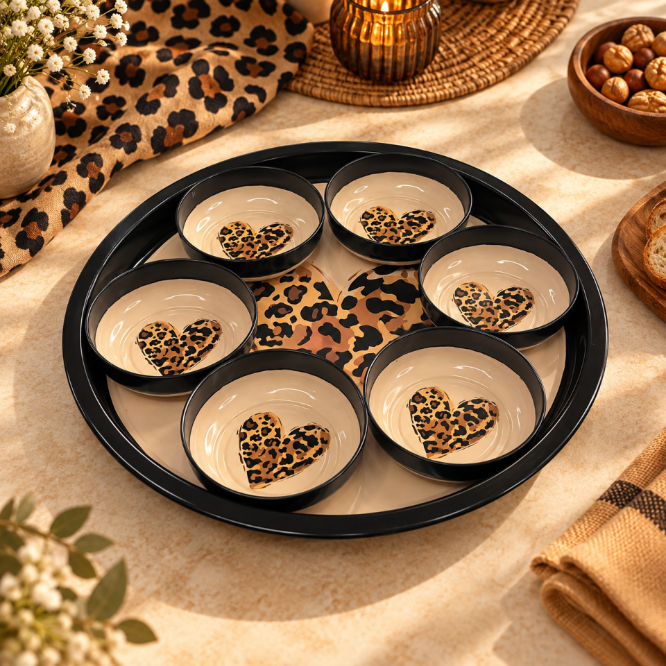 Sarkap Home 34 cm Tepsi ve 10x3,2 cm 6'lı Çerezlik Seti LeoparKalp