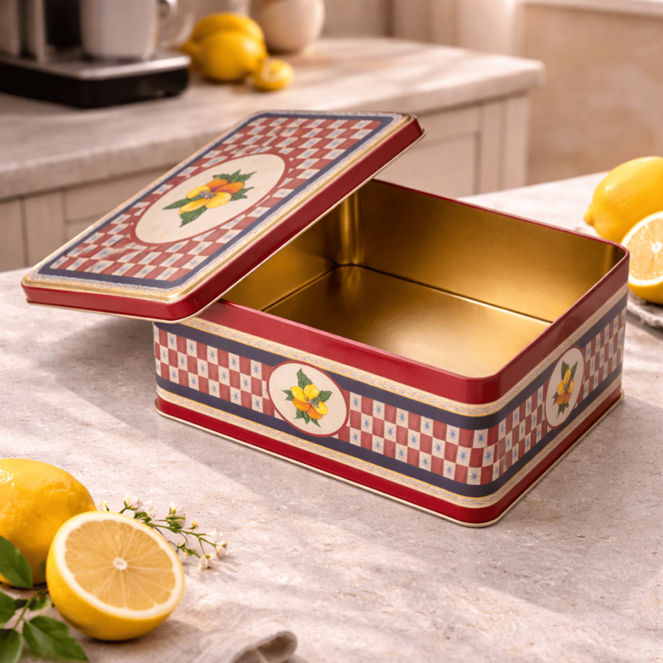 Sarkap Home 3,2 L Lemon Design Kırmızı Dekoratif Metal Saklama Kutusu 217x165x90mm
