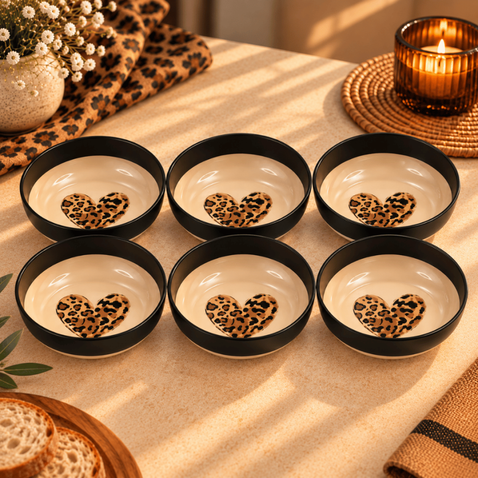 Sarkap Home 6'lı Dondurmalık ve Çerezlik Seti 10 cm Çap, 3.2 cm Yükseklik LeoparKalp