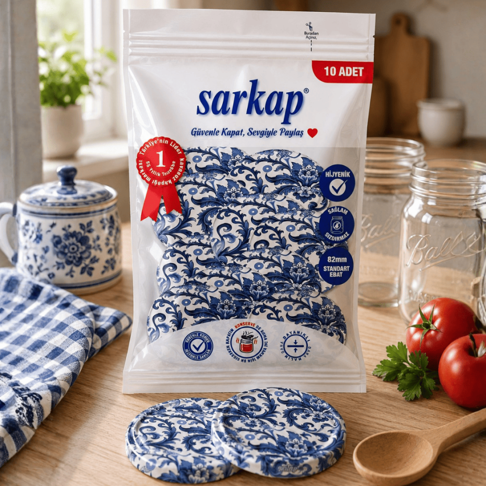 Hijyenik Paketli 10 Adet Kavanoz Kapağı 82 mm - Çini Çiçek Model