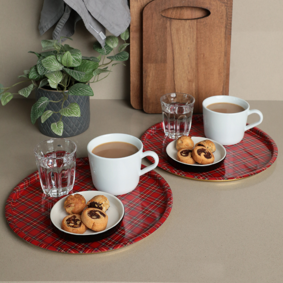 Sarkap Home 24 cm 2'li Yuvarlak Sunumluk Tepsi KırmızıEkose