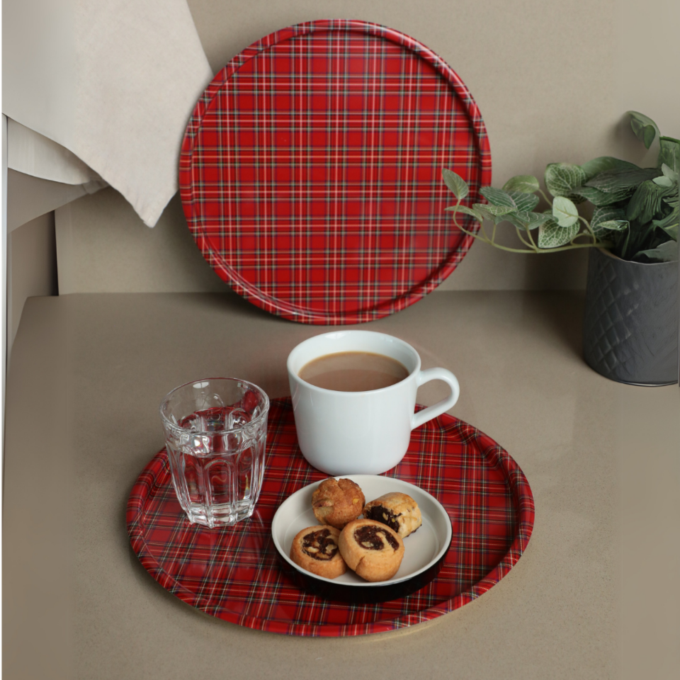 Sarkap Home 24 cm 2'li Yuvarlak Sunumluk Tepsi KırmızıEkose