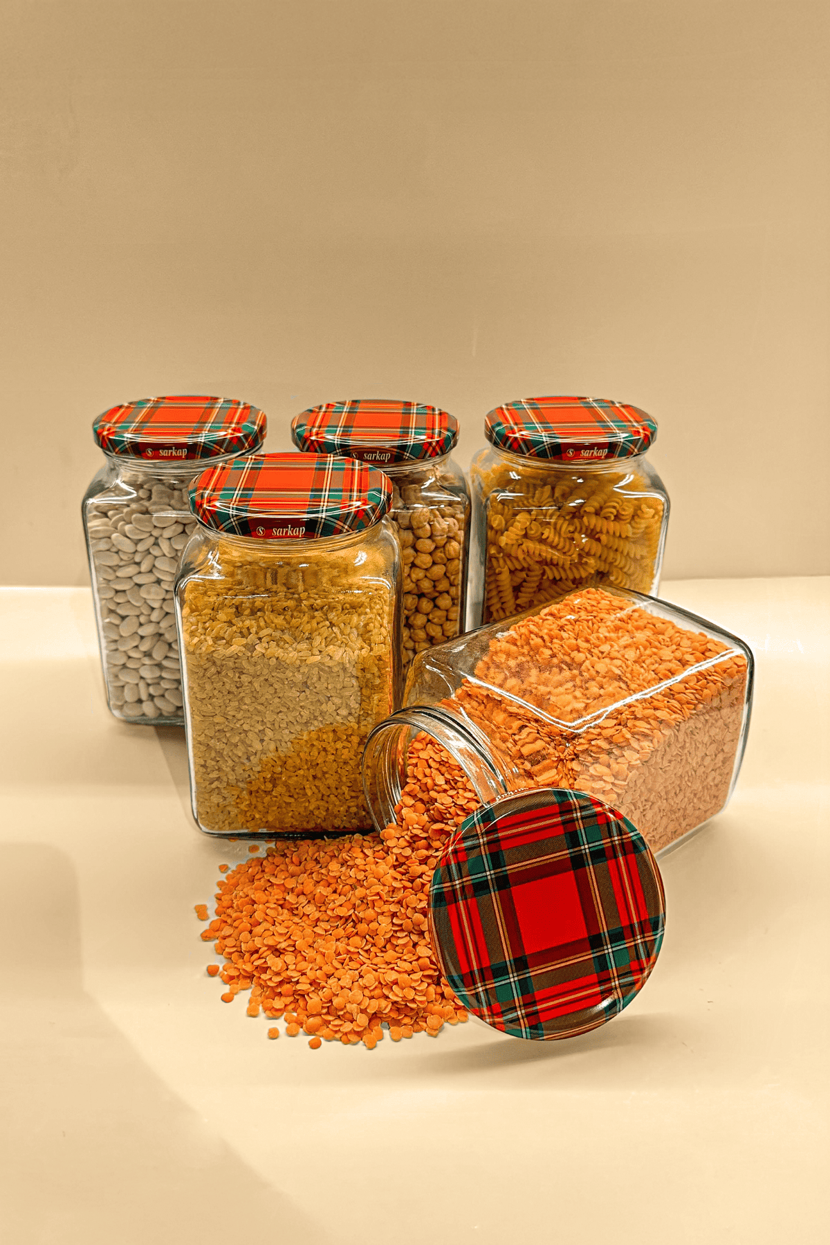 Sarkap 5'li 1000 ml Kapaklı Köşeli Cam Kavanoz Kırmızı Yeşil Ekose