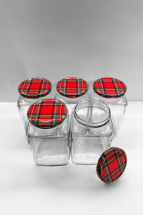 Sarkap 5'li 1000 ml Kapaklı Köşeli Cam Kavanoz Kırmızı Yeşil Ekose