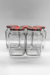 Sarkap 5'li 1000 ml Kapaklı Köşeli Cam Kavanoz Kırmızı Yeşil Ekose