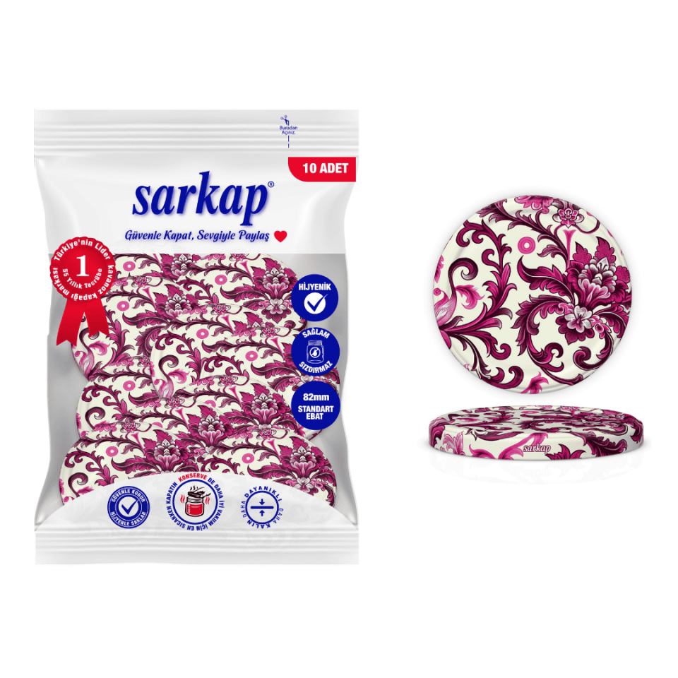 Hijyenik Paketli 10 Adet Kavanoz Kapağı Çini Desenler 82 mm Mor