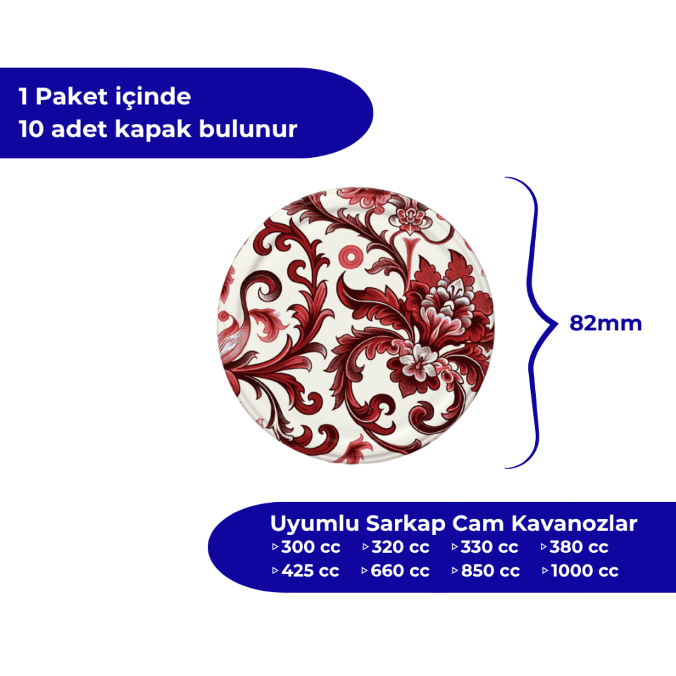 Hijyenik Paketli 10 Adet Kavanoz Kapağı Çini Desenler 82 mm BORDO