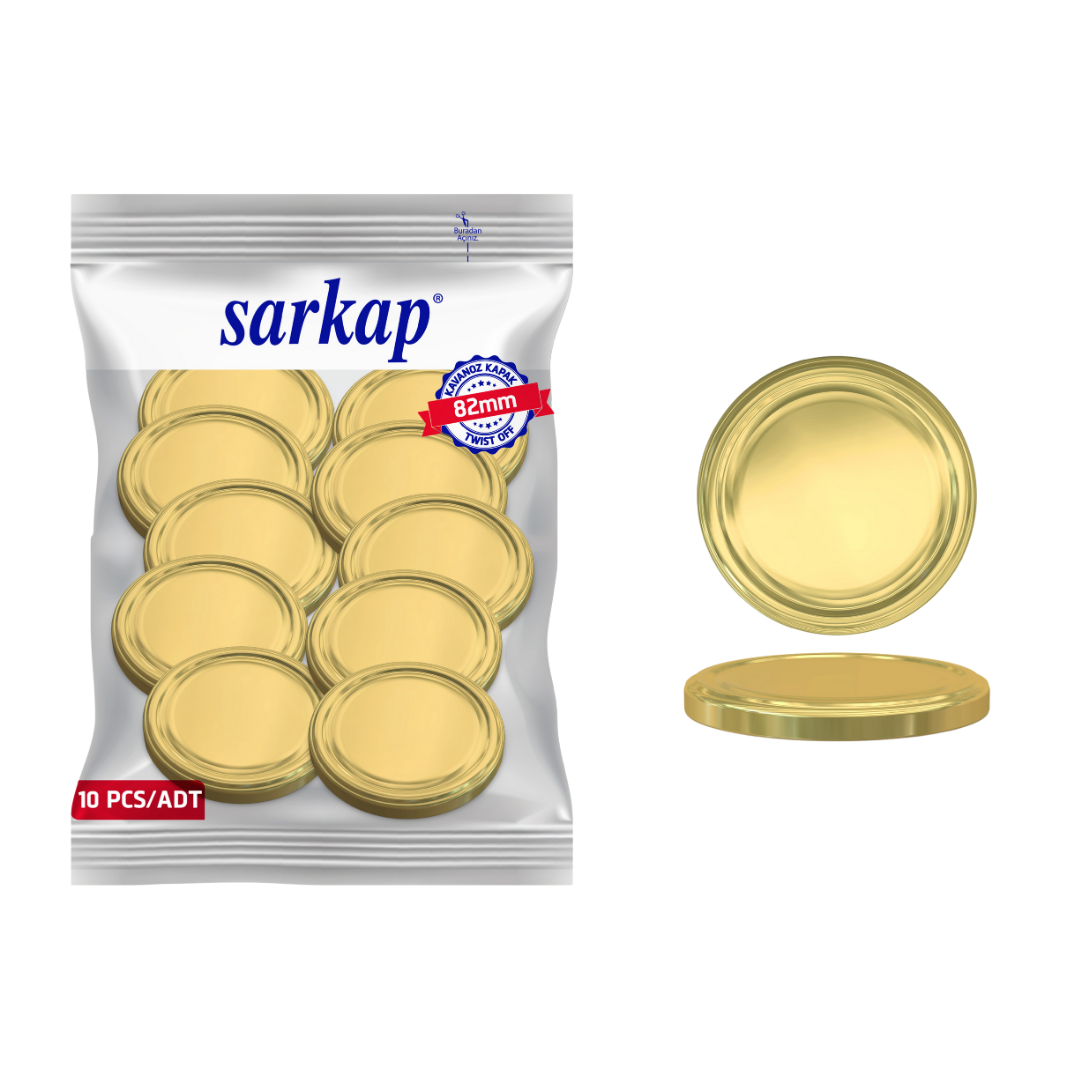 Hijyenik Paketli 10 Adet Kavanoz Kapağı Düz Renkler 82 mm Gold