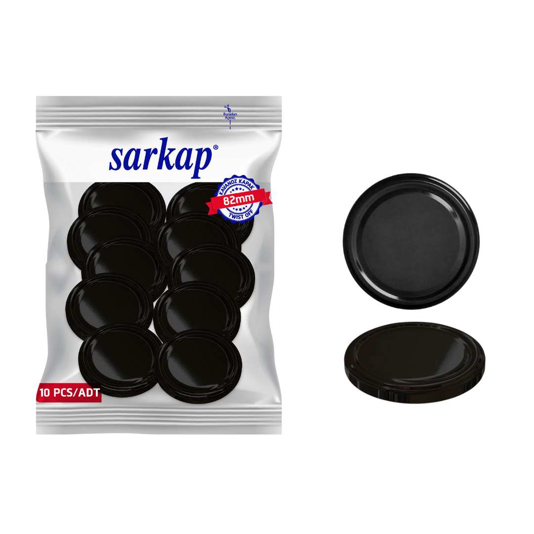 Hijyenik Paketli 10 Adet Kavanoz Kapağı Düz Renkler 82 mm Siyah