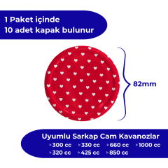 Hijyenik Paketli 10 Adet Kavanoz Kapağı Kalpli Desenler 82 mm Kırmızı