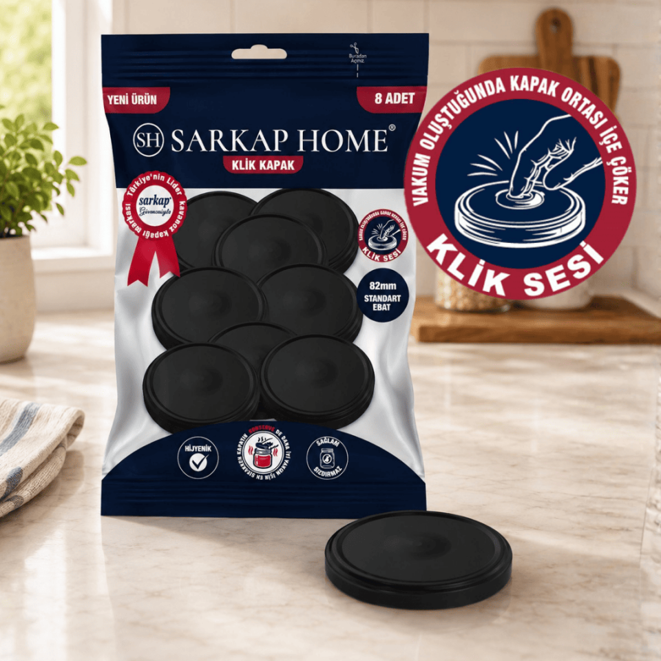 Hijyenik Paketli 8 Adet Klik Kavanoz Kapağı 82 mm - Siyah Siyah