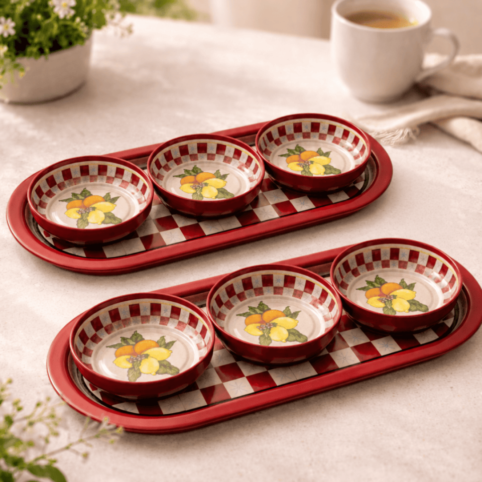 Sarkap Home 16x35 cm 2'li Oval Tepsi 10x3,2 cm 6'lı Çerezlik Seti LemonDesignKırmızı