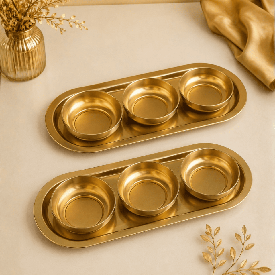 Sarkap Home 16x35 cm 2'li Oval Tepsi 10x3,2 cm 6'lı Çerezlik Seti Gold