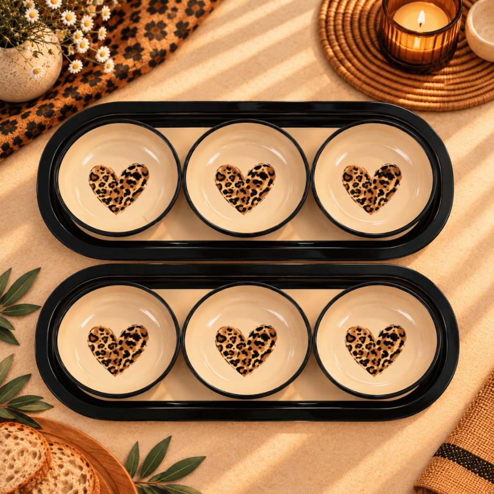 Sarkap Home 16x35 cm 2'li Oval Tepsi 10x3,2 cm 6'lı Çerezlik Seti LeoparKalp