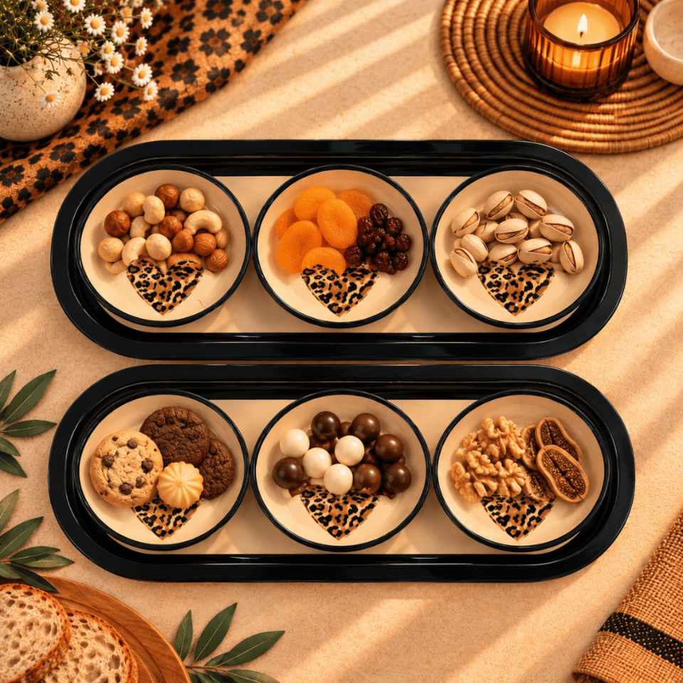 Sarkap Home 16x35 cm 2'li Oval Tepsi 10x3,2 cm 6'lı Çerezlik Seti LeoparKalp